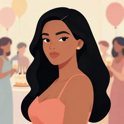 beautiful curvy woman with long black hair, tanned skin. she is wearing a dress. birthday party. detailed face. clean cel shaded vector art. shutterstock. behance hd by lois van baarle, artgerm, helen huang, by makoto shinkai and ilya kuvshinov, rossdraws, illustration,