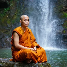 monk sitting next to waterfall, photo by yanchi and via cgtv, sharp focus, vibrant colors, detailed, volumetric lighting,