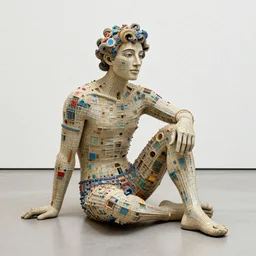 stunning intriguing sculpture of man sitting on the floor, composed of tiny colorful details, hyperdetailed, by antoni gaudi, by roerich in clean minimal style museum