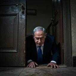 a sinister photo on benjamin netanyahu crawling out of a door ominous atmosphere
