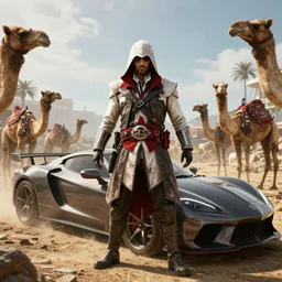 mafia 2 assassin's creed origins mafia 2 crossover ingame, cars, camels, hyperrealism detailed intricate high quality, high resolution, smooth 8 k octane rendered with sss volumetric cinematic dramatic light rtx on ultrahigh maximum settings
