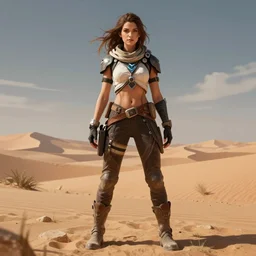 Aloy, standing confidently, desert in the background, natural lighting, digital painting, concept art, sharp focus, illustration, single character full body, rule of thirds, from Horizon: Zero Down, by Artgerm