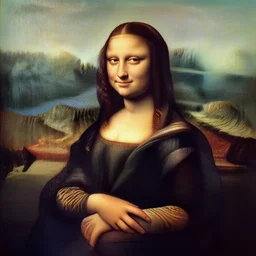 a portrait of lisa la giocondo!! in italian renaissance chiaroscuro sfumato style. the background is a landscape of rolling hills and mountains. the sky is a light blue, and there are small clouds in the distance.. woman in the painting is shown seated outdoors with her hands folded in her lap. she looks at the camera. she is wearing a simple dress with a pattern of flowers. brunette. her black slightly curly long hair is pulled back from her face and she has a small, she has faint smile.