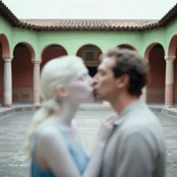 out of focus photorealistic portrait of a beautiful pale woman kissing a man by saul leiter and ernst haas, very blurry, translucent white skin, an empty decorated pompeii court, airforce blue, red, bright pale green
