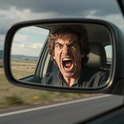 a screaming angry bob ross in rear view mirror