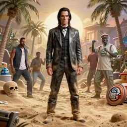highly detailed full body portrait nick cave as sandman from dc comics, gta v, stephen bliss, unreal engine, fantasy art by cristian sauret, global illumination, radiant light, detailed and intricate environment