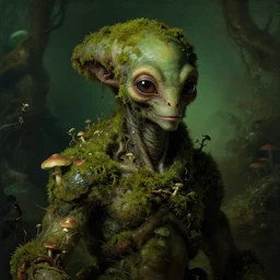 a close - up rococo portrait of an alien creature covered in moss, mushrooms, and swamp, 1 8 th century painting by jean - honore fragonard and moebius. gloomy green environment, blurry organic dark background. sci - fi renaissance masterpiece. artstation - h 8 3 2