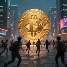 people running away scared from bitcoin city, bitcoin evil, cyberpunk art ultrarealistic 8k