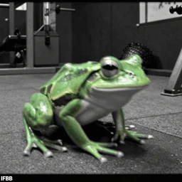 trailcam footage IFBB pro pepe the frog, motion blur, high contrast, desaturated