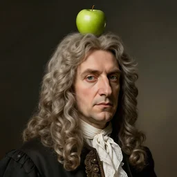 a portrait of Isaac Newton with a green apple on his head, 8k, HDR, CG Society