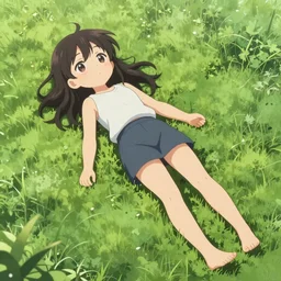 cute anime character lying in a grass bed, realistic face, detailed face, detailed eyes, short miniskirt, lightly dressed, ultra detailed digital art, hyper real, detailed, ultra detailed, ground up angle, full body shot, wide angle