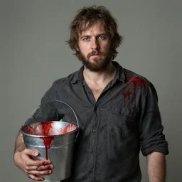daniil savin with bucket of blood, realistic, detailed portrait