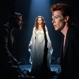 movie the labyrinth, sara's dream, jennifer connelly and david bowie, cinematic lighting, by gaston bussiere, j. c. leyendecker, craig mullins
