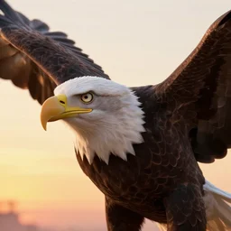 a closeup photorealistic animated still of a bald eagle with the head of elon musk soaring in the sunset. bright scene. fine detail. this 4 k hd image is trending on artstation, featured on behance, well - rendered, extra crisp, features intricate detail, epic composition and the style of unreal engine.