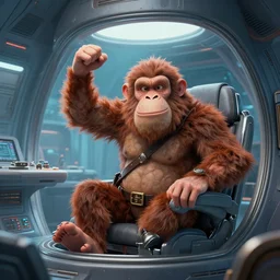 big brain neanderthal inside a futuristic spaceship, caveman in pilot seat, epic pose