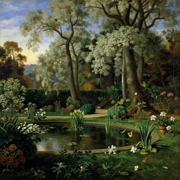 a very wide angle shot of an empty garden with a pond in heaven with long fluffy trees, green foliage and side lighting, surrealistic, masterpiece painted by jc leyendecker, flemish baroque, classical realism, chiaroscuro