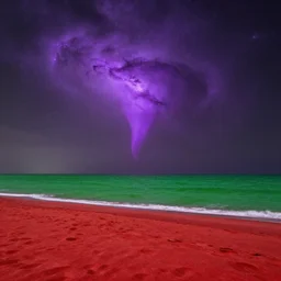 purple tornado, red sand beach, green ocean, nebula sunset