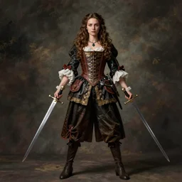 detailed ultrarealistic photography of experienced baroque rogue girl, dualwielder swords, cinematic, full shot, ian miller, greg rutkowski