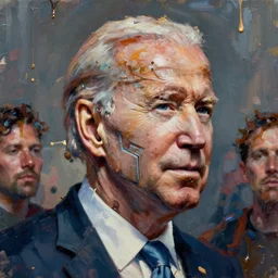 cybernetic joe biden's face superimposed over the unwashed masses, dystopian, cyberpunk, dripping oil paint, thick brushstrokes, abstracted painterly techniques, high resolution