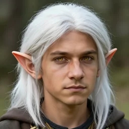 Halfling with white hair, light brown skin and golden eyes