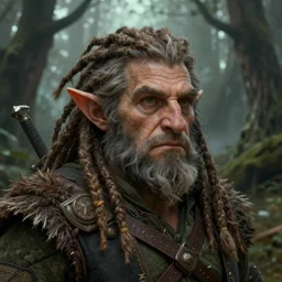a close - up headshot illustration portrait of an dwarf druid with dreadlocks standing in deep old misty forest, d & d character portrait, pathfinder, art by keith parkinson and greg rutkowski and frank frazetta