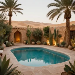 habitat 6 7 in the desert, biophilia mood, pool, garden, highly detailed, cinematic, photorealistic,