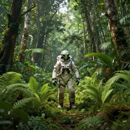 an alien astronaut in the amazon forest, plants environment, wide angle, cinematic lighting, atmospheric, realistic, octane render, highly detailed, in the style of craig mullins