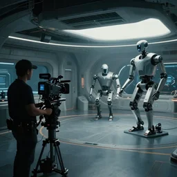 vfx film, behind the scenes, on location, set design, making of, big film production, camera steady cam operator filming futuristic tesla humanoid robots, high tech space ship interior, flat color profile low - key lighting award winning photography arri alexa cinematography, hyper real photorealistic cinematic, atmospheric cool colorgrade
