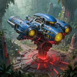 legendary space ship, jungle planet, alien technology, cinematic, highly detailed, large blue engines, scifi, yellow windows and details, hyper realism, intricate digital painting, skyscrapers, mechanics, red glow, gigantic landing pad, scifi base, artstation, by johnson ting, jama jurabaev