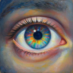 an eye filled with a rainbow reflection as it's imbued with divine creative power, allowing it to see its inner self for the first time, painted by max ernst