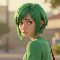 green short hair life is strange highly detailed, nervous, glancing over shoulder, smooth, sharp focus, artstation, concept art, golden hour, soft lightning