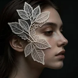 a woman's face in profile, made of intricate decorative lace leaves, in the style of casey weldon, dark and moody