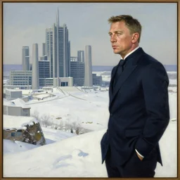 a beautiful painting in the style of cedric peyravernay of a snowy landscape with daniel craig as james bond as he overlooks a menacing brutalist facility, award winning
