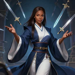 Pretty 40 years old Master Illusionist lady, dark brown skin, dark brown hair, straight hair, Dark blue and White robes, multiple floating swords, waifu, epic fantasy, love interest, artstation, trending in deviantart, artstationHD, by Leng Jun artstationHQ, detailed, HD, 8K, RGB, octane