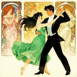 young woman in green dress dancing with tuxedo man, flowing black hair, beautiful faces, colorful, excelent composition, wide shot, by yoshitaka amano, by ellen jewett, by greg rutkowski, by alphonse mucha by jeremyg lipkinng, by rhads, by ross tran, artstation, octane render