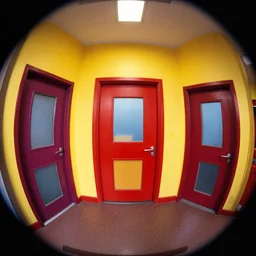 theatre access corridor background, 3 doors, fish eye, day of the tentacle, color, vibrant