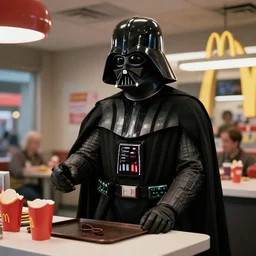 film still of Darth Vader working at McDonalds in the new Star Wars movie, 4k