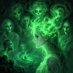 side profile, imogen poots,, gloomhaven, luminescent, sickly pale green glow, haunted green swirling souls, evil inky swirly ripples, sickly fever - dream colors, by greg manchess, huang guangjian, gil elvgren, sachin teng, greg rutkowski, jesper ejsing, ilya kuvshinov