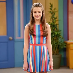 stephanie from lazytown as a teenager wearing a dress with vertical stripes in the iconic dress from lazytown