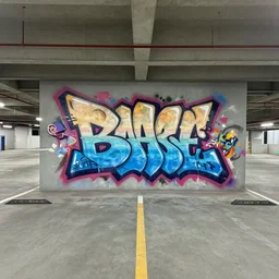 a empty parking garage filled with a three - dimensional graffiti sculpture in the style of daim