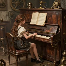 a beautiful girl and a giant piano, steampunk, unrealistic, 8 k, art by artgerm, in the style of greg rutkowski, trending on artstation