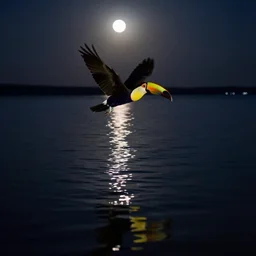 a toucan flying on a lake and reflection on surface, midnight, lake, reflections, dark, mystery, wavy lake, moon light