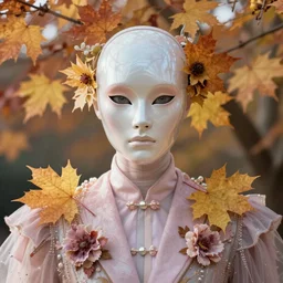 humanoid in ethereal mask, autumn, stern face, directed gaze, haute couture, editorial photoshoot, pastel colors, fashion photography, cinematic lightning, flowers, ultra realistic, portrait photography, symmetrical, 8 k, hd, very detailed, hyper - real, beautiful, zdzisław beksinski