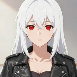 an anime portrait of a white woman with red eyes wearing a leather jacket with white hair and dragon wings on her back holding a bat she has a scar going across her face