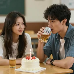 very nervous male college student on his first date with a very attractive female at college shotgunning a beer on his birthday, in real life, hyper realistic, realistic, great detail, very very detailed, detailed, 8 k, 4 k uhd