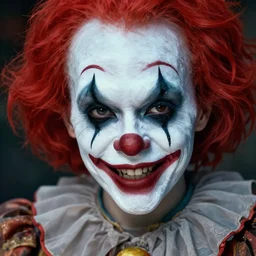 photo of a beautiful creepy female killer clown, highly detailed, 8 k, hdr, close up, smooth, sharp focus, high resolution, award - winning photo