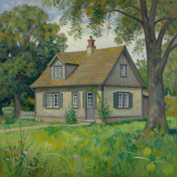 A painting of a beautiful cottage, with a lush grass lawn, featuring a tree in the style of Beksinski