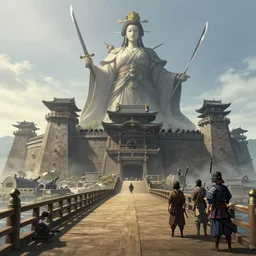 giant goddess with swords guarding a japan middle age, giant fortress with cannons guarded by samurais, is built on a strong old wooden bridge, morning, matte painting, concept art, james gurney, greg rutkowski, unreal engine, artstation, john howe