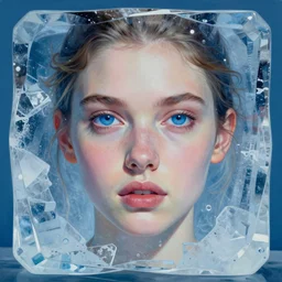 portrait of beautiful girl, dark blue eyes, in an ice block, artgerm, 8 k, hyper detailed, hyper realism, acrylic paint, surrealism, smooth, sharp focus, peter lindbergh, sam spratt, michael page, glenn brown, greg hildebrandt, brian froud, paolo rovers