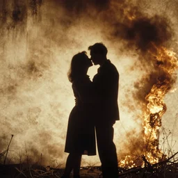 shadow of couple kissing, scorched onto wall after nuclear blast, vintage photo